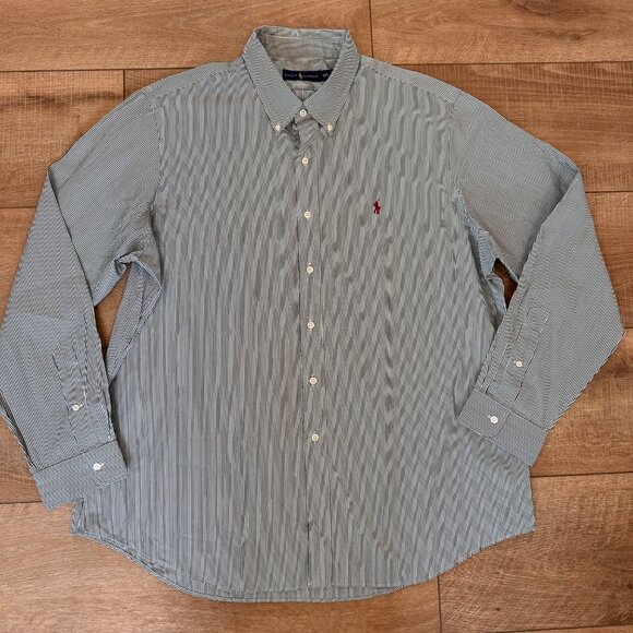 Ralph Lauren | Mens XXL Green White Striped Dressy Long Sleeve Button Down Shirt - Picture 1 of 8